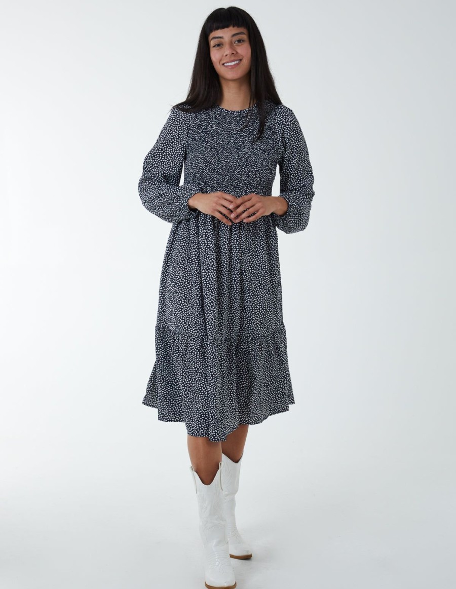 Dresses Blue Vanilla | Floral Long Sleeve Tiered Dress Navy