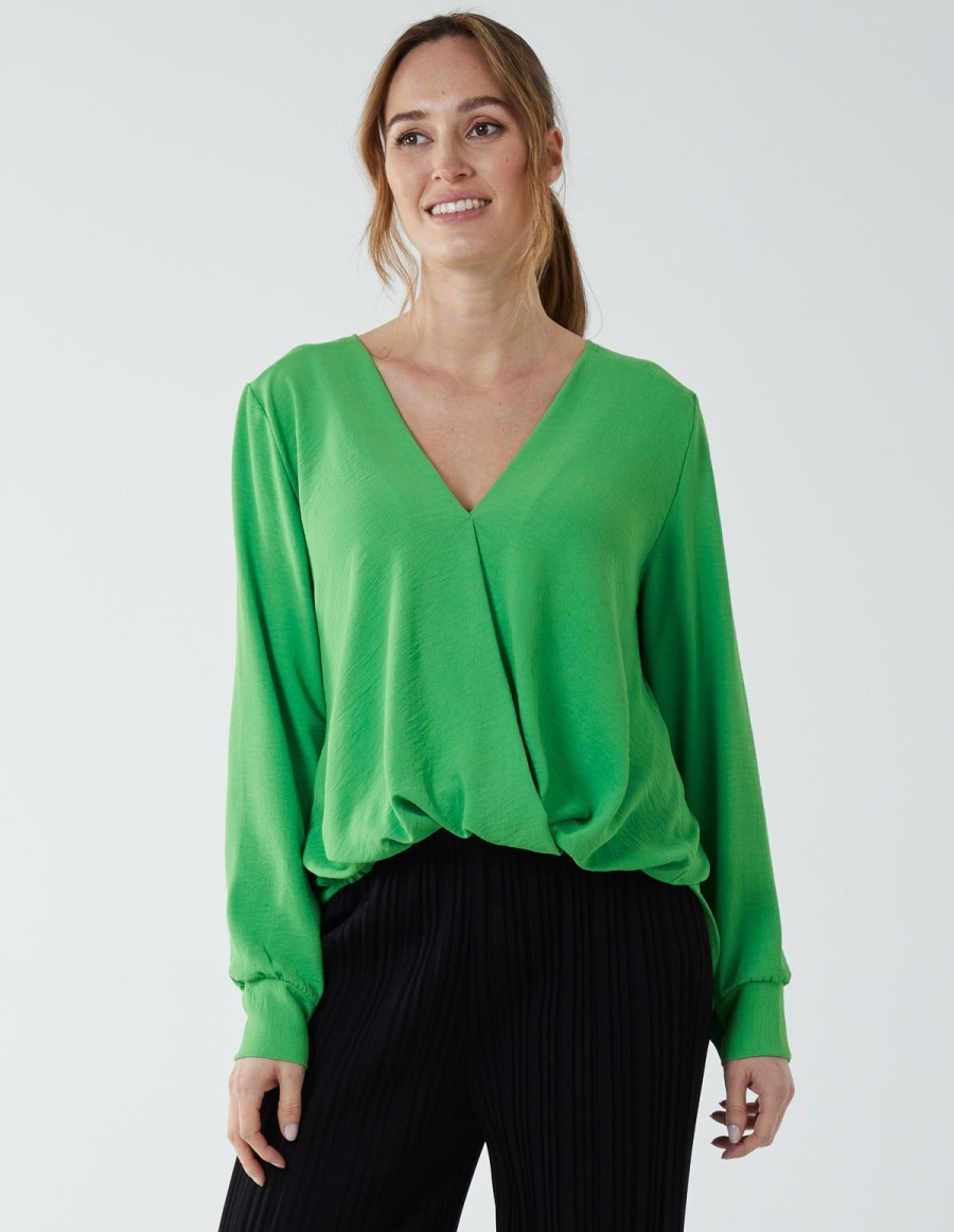 Tops Blue Vanilla | Crossover Woven Plain Blouse Green