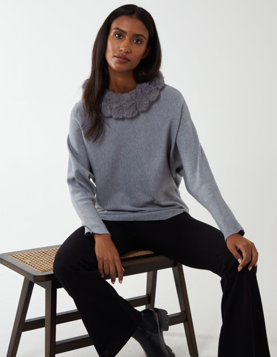 Jumpers & Cardigans Blue Vanilla | Fur Collar Batwing Jumper Grey