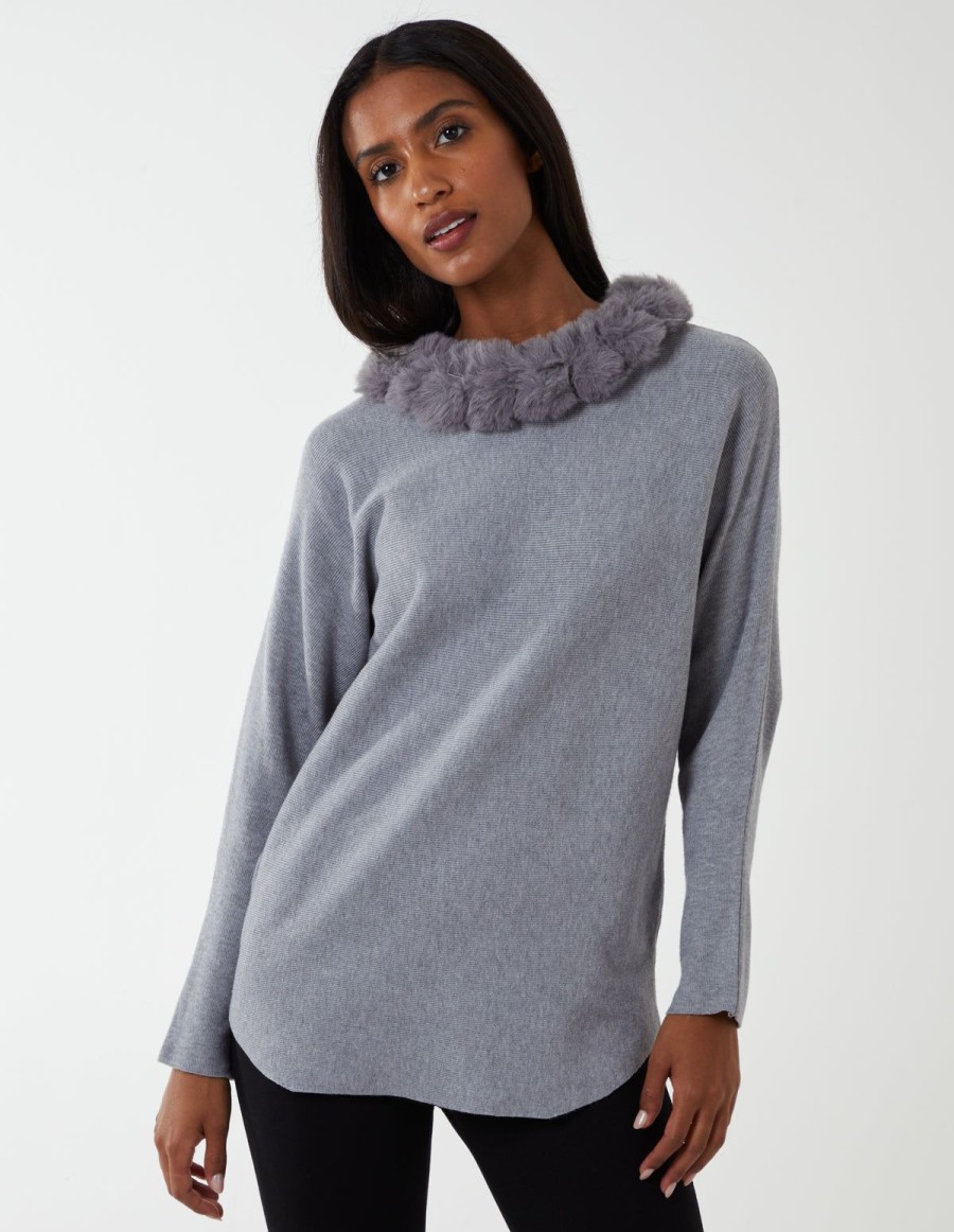 Jumpers & Cardigans Blue Vanilla | Fur Collar Batwing Jumper Grey