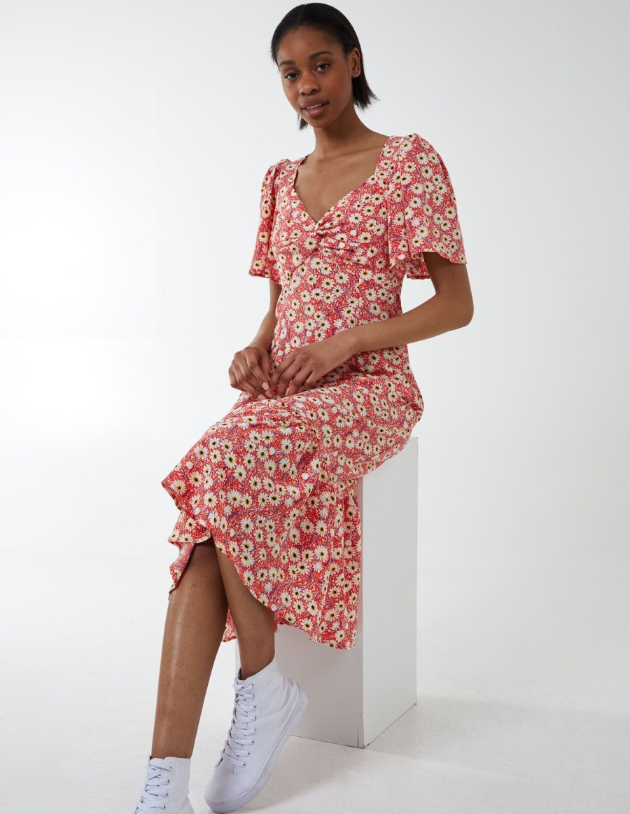 Dresses Blue Vanilla | Floral Twist Front Peplum Dress Coral