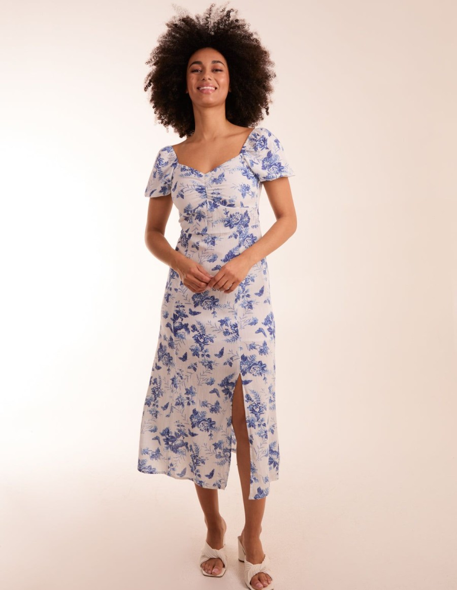 Dresses Blue Vanilla | Ruched Bust Puff Sleeve Midi Dress With Side Split White