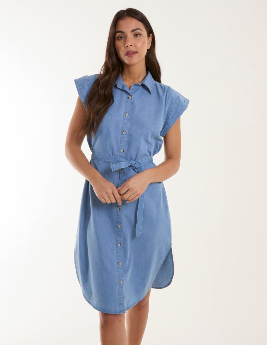 Dresses Blue Vanilla | Button Front Shirt Dress Mid Denim