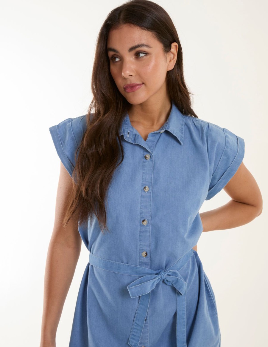 Dresses Blue Vanilla | Button Front Shirt Dress Mid Denim