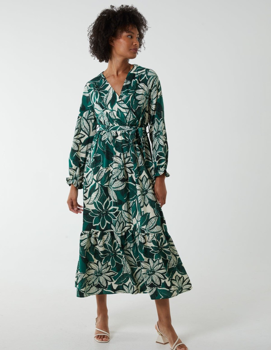 Dresses Blue Vanilla | Abstract Floral Belted Maxi Dress Green