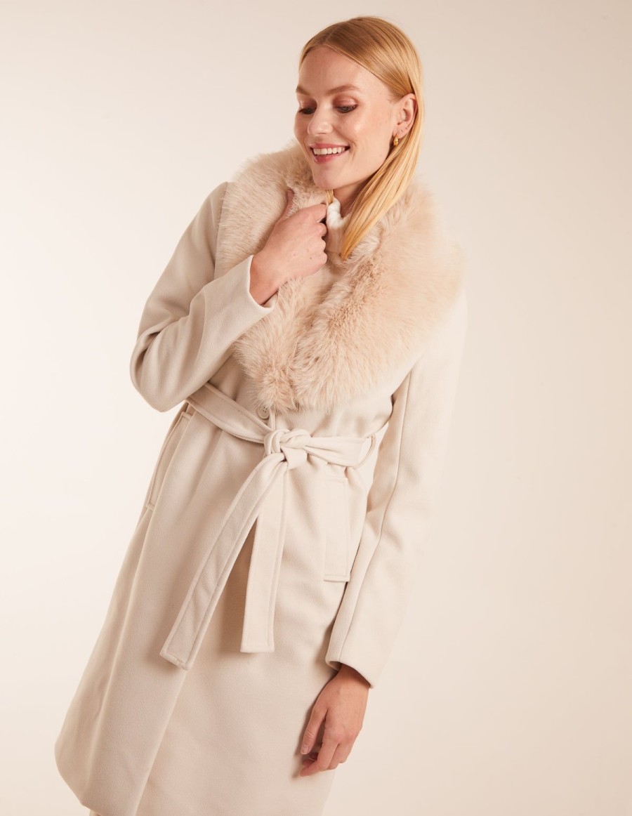 Coats & Jackets Blue Vanilla | Faux Fur Collared Belted Coat Stone