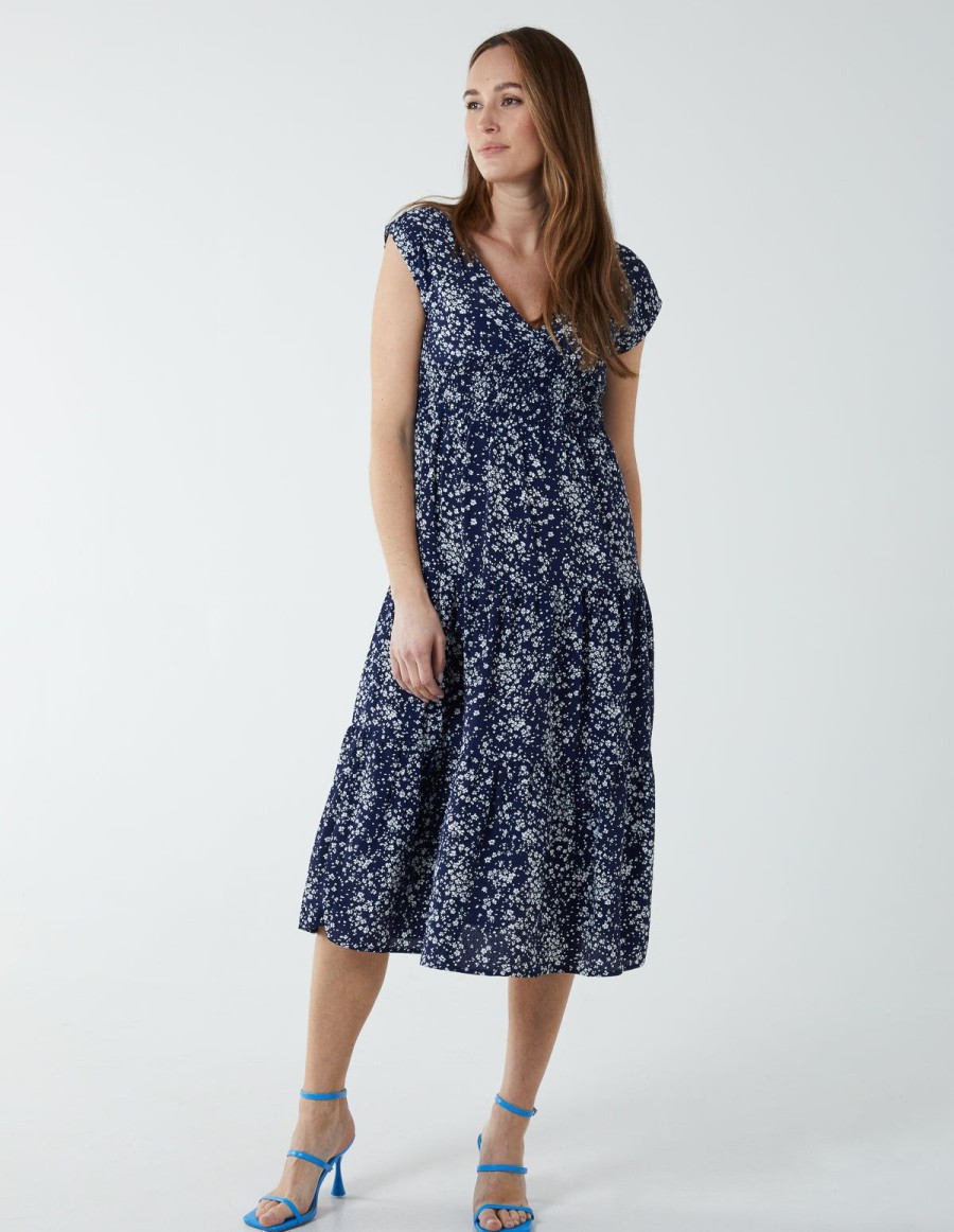 Dresses Blue Vanilla | Drawstring Adjustable Tier Midi Dress Navy