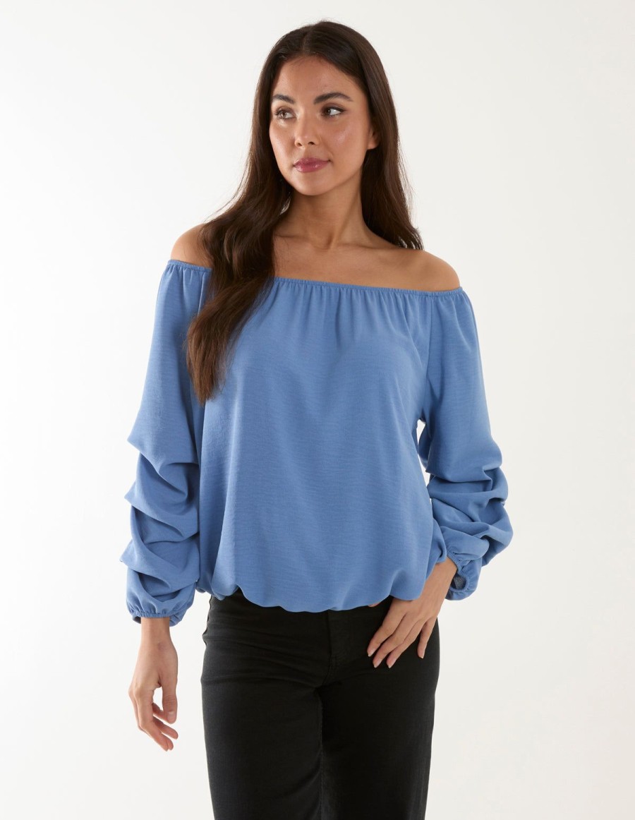 Tops Blue Vanilla | Bardot Elasticated Ruched Sleeve Top Light Denim