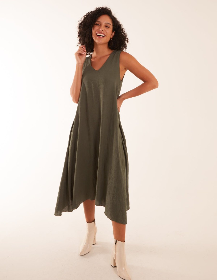 Dresses Blue Vanilla | Linen A Line Midi Dress Khaki