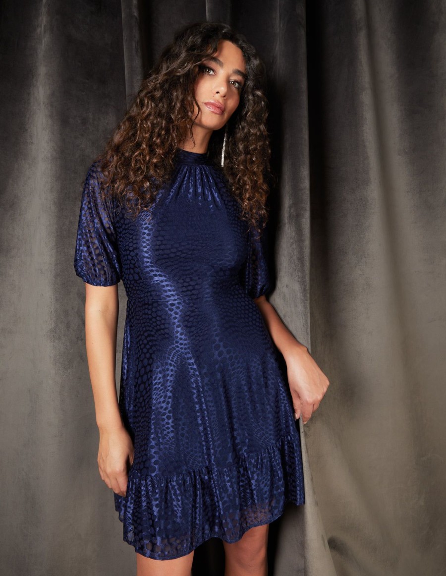 Dresses Blue Vanilla | Mesh High Neck Tier Dress Navy