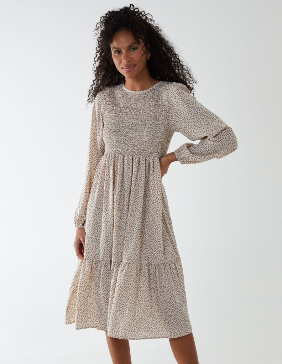 Dresses Blue Vanilla | Floral Long Sleeve Tiered Dress Cream/Camel