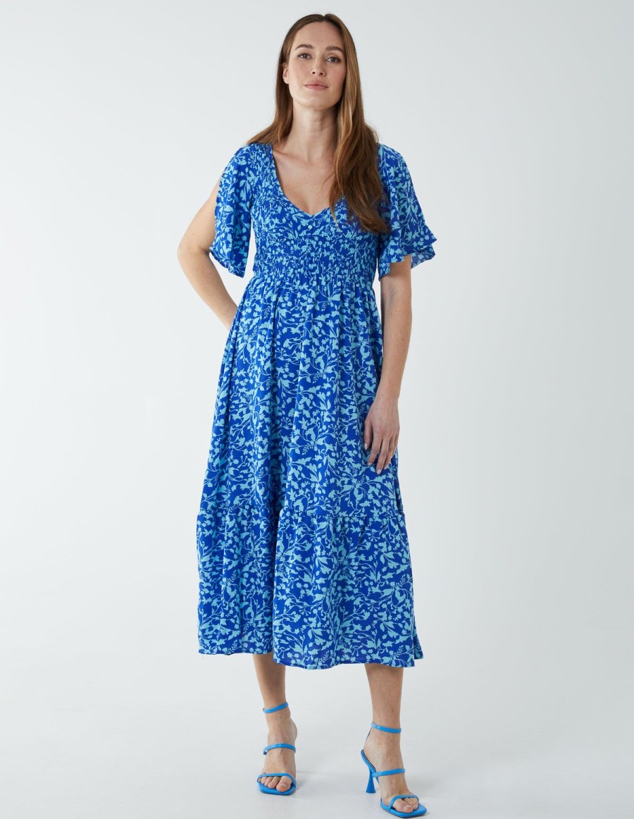 Dresses Blue Vanilla | Sheared Bust Midi Dress With Angel Sleeve Blue