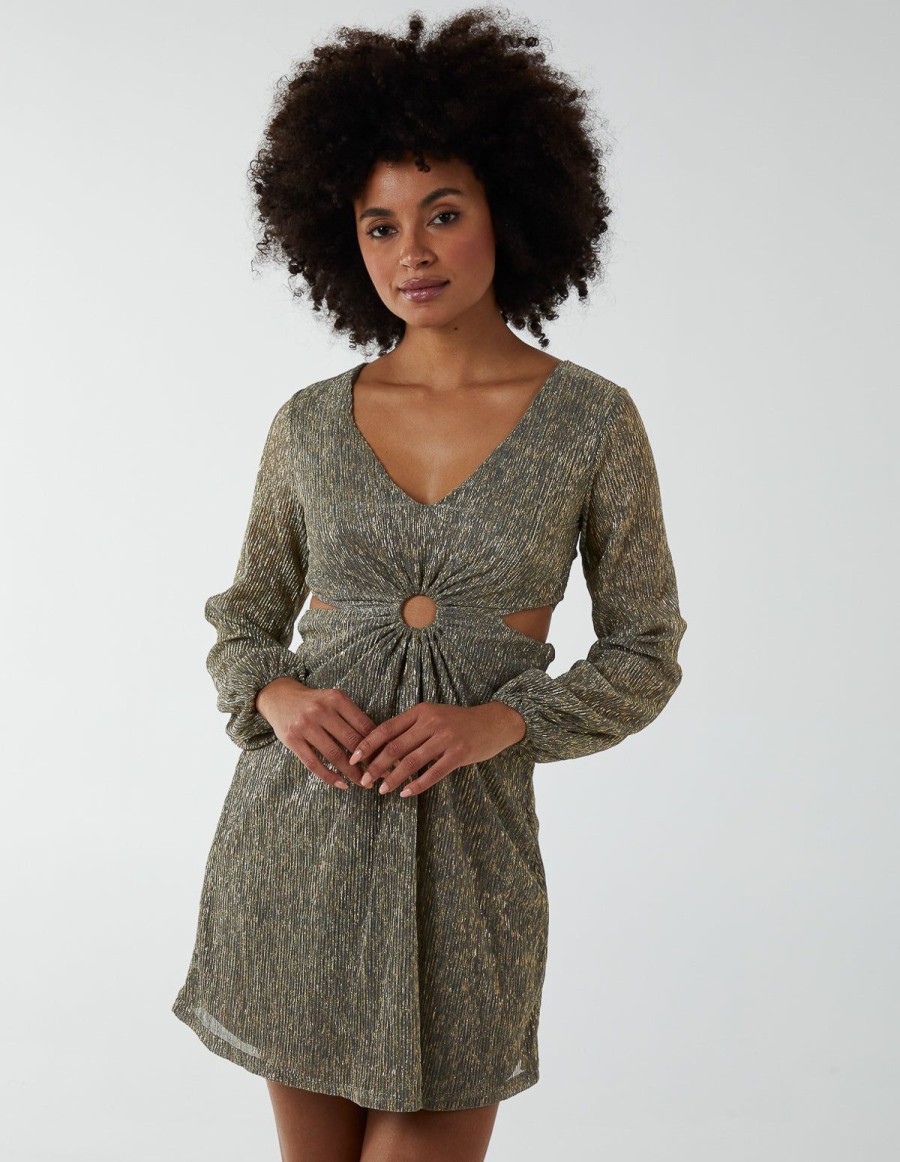 Dresses Blue Vanilla | V-Neck Long Sleeve Lurex Dress Light Grey