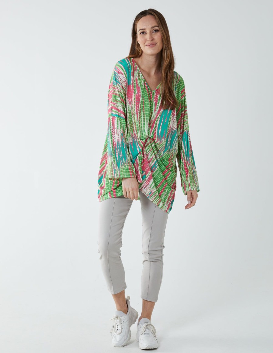 Tops Blue Vanilla | Twist Front Abstract Long Sleeve Top Green