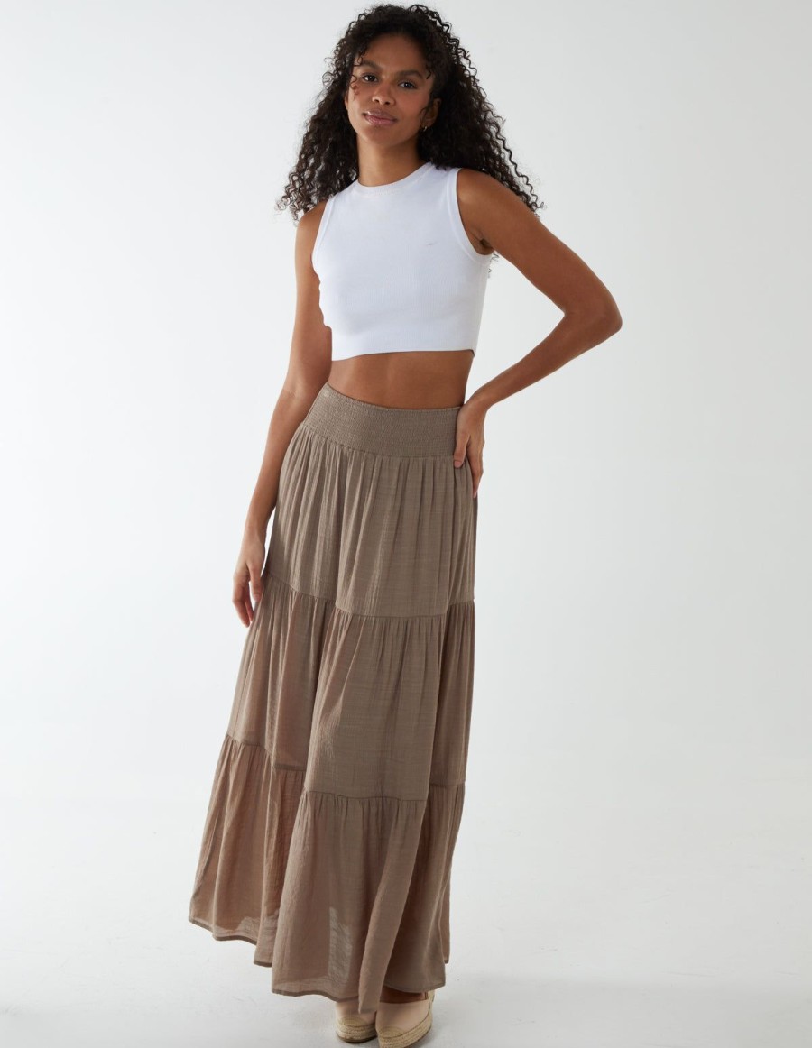 Skirts & Shorts Blue Vanilla | Shirring Waist Tiered Maxi Skirt Light Brown