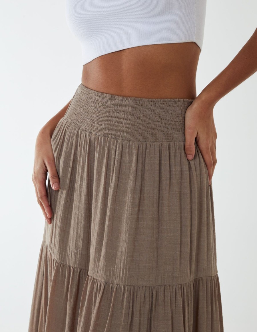 Skirts & Shorts Blue Vanilla | Shirring Waist Tiered Maxi Skirt Light Brown