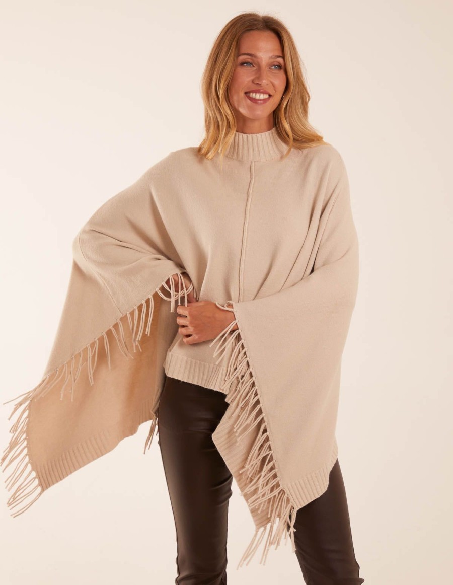 Coats & Jackets Blue Vanilla | Tassel High Neck Poncho Stone