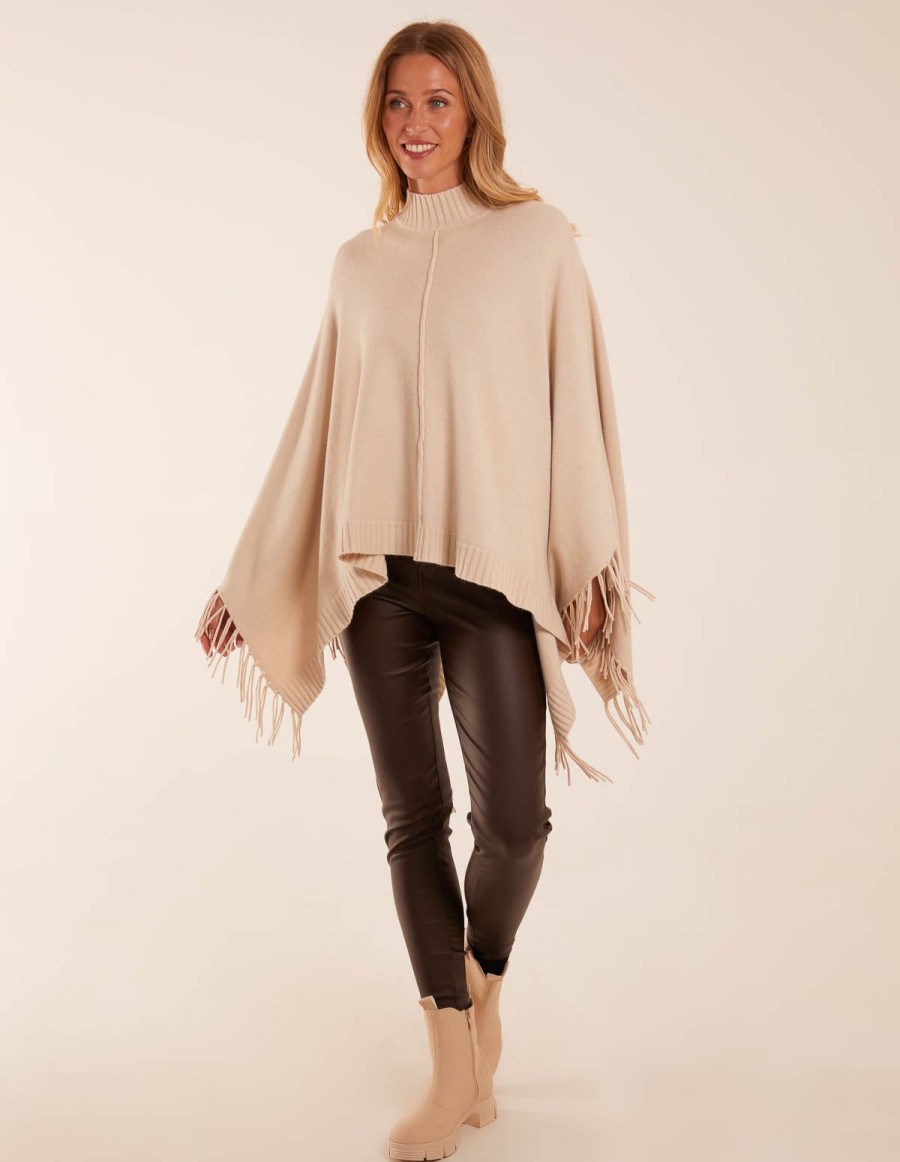 Coats & Jackets Blue Vanilla | Tassel High Neck Poncho Stone