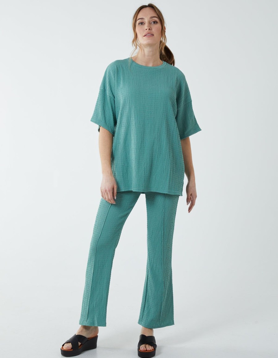 Tops Blue Vanilla | Waffle Trouser And T-Shirt (Set) Bottle Green