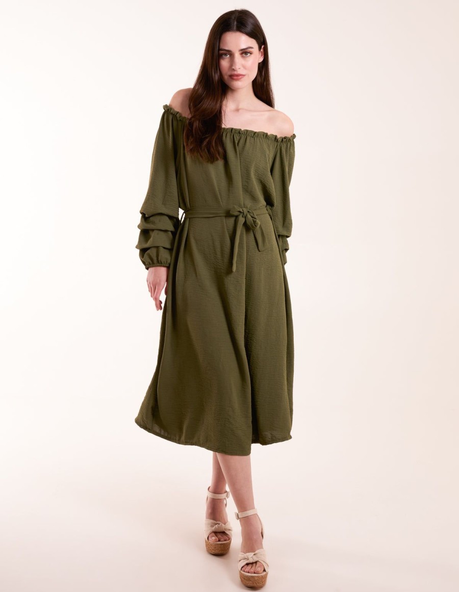 Dresses Blue Vanilla | Puff Sleeve Belted Bardot Dress Khaki