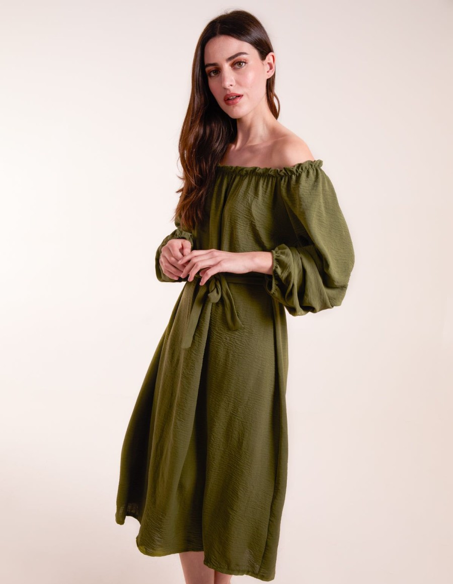 Dresses Blue Vanilla | Puff Sleeve Belted Bardot Dress Khaki