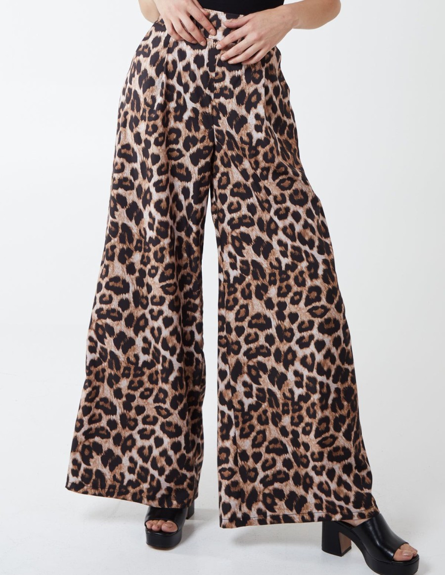 Trousers & Joggers Blue Vanilla | Wide Leg Leopard Trousers Brown