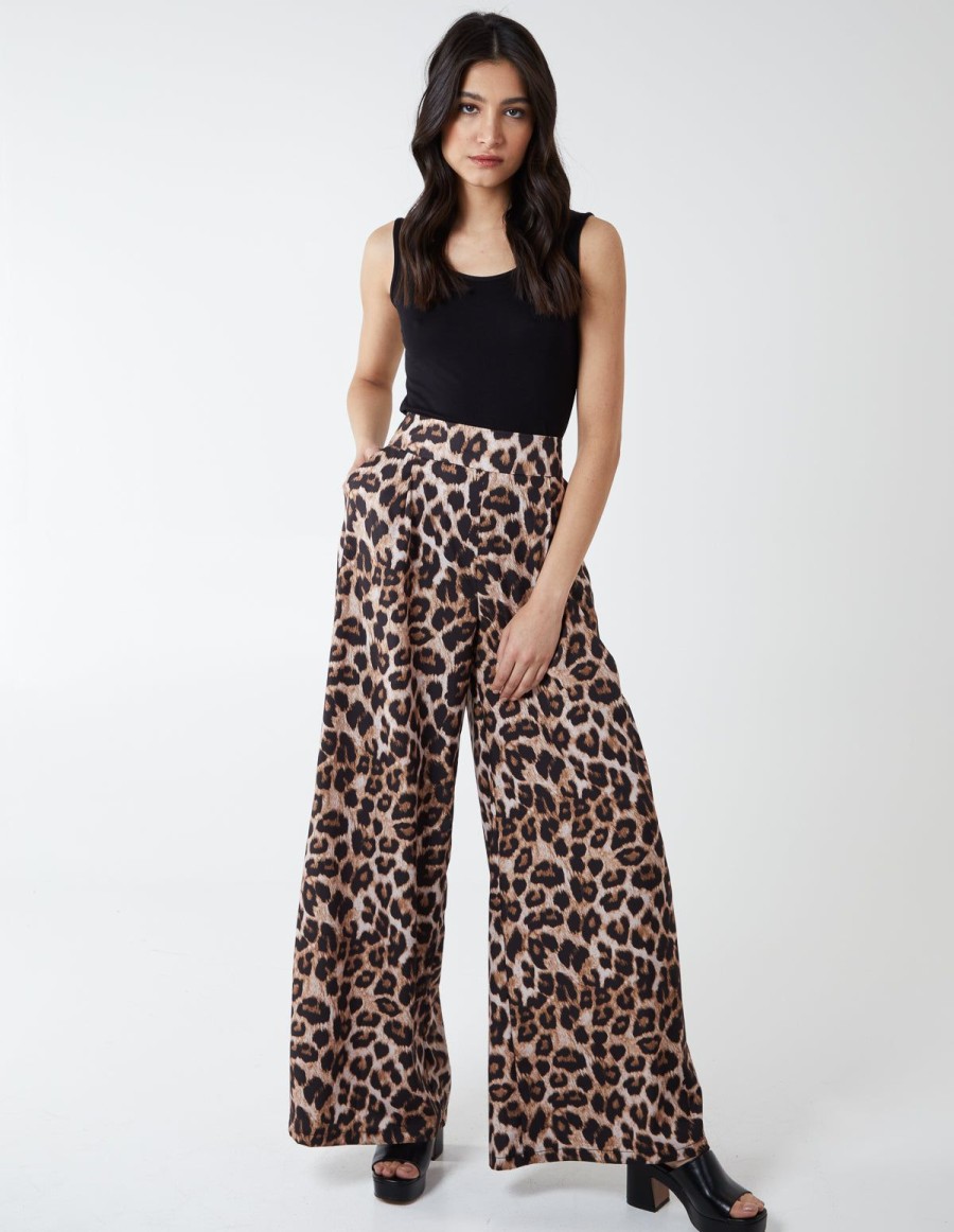 Trousers & Joggers Blue Vanilla | Wide Leg Leopard Trousers Brown