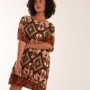 Dresses Blue Vanilla | Tribal Print Short Sleeve Dress Rust