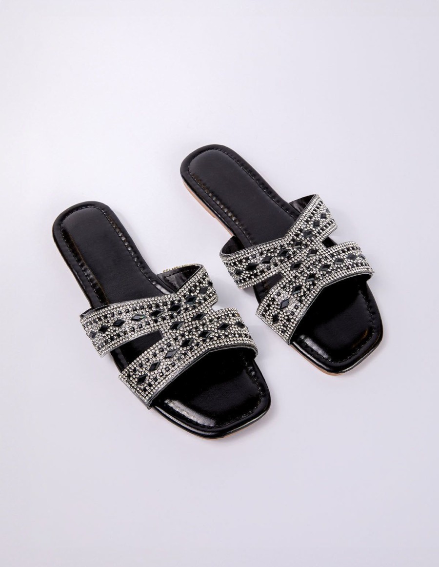 Shoes Blue Vanilla | Diamante Flat Sandal Black