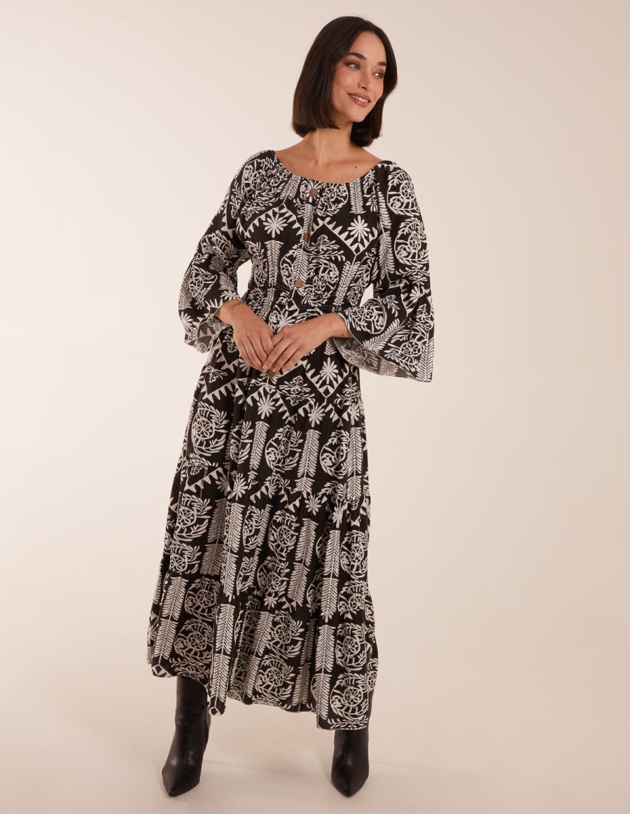 Dresses Blue Vanilla | Print Button Front Scoop Neck Maxi Dress Black