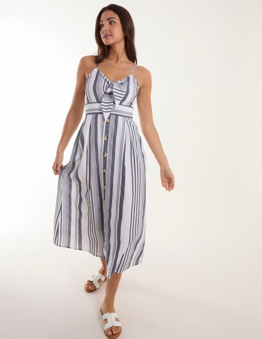 Dresses Blue Vanilla | Tie Front Button Through Midi Dress White Pattern